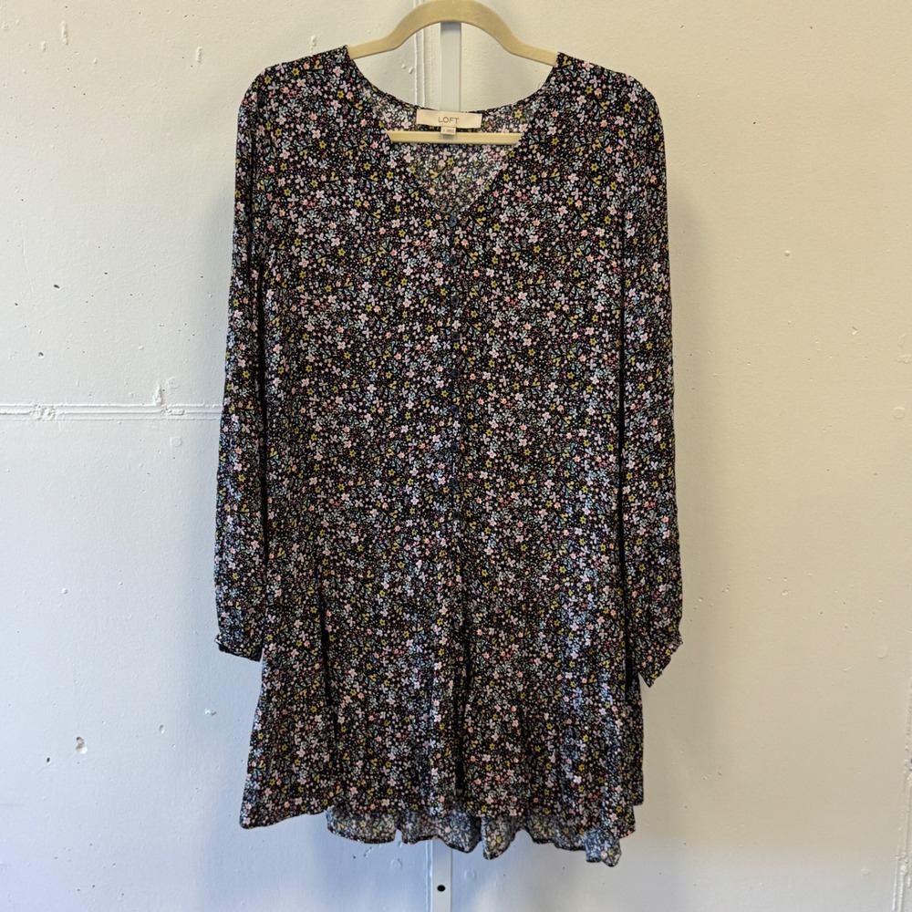 LOFT Floral V-Neck Long Sleeve Flounce Hem Mini Dress Multi Small Cottagecore